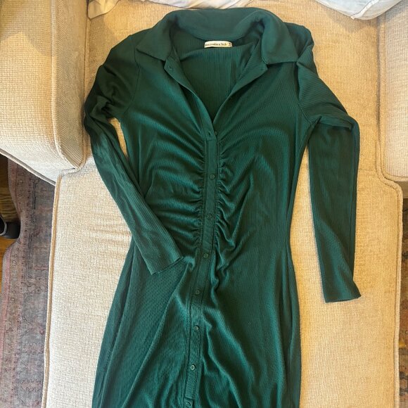Abercrombie Fitch Green Ribbed Stretchy Shirt Dress Long Sleeve Medium Tall - Picture 1 of 3